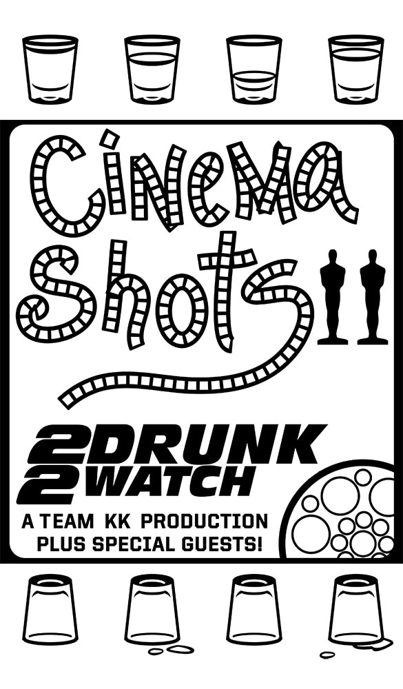 Film strip made of shot glasses with text CINEMA SHOTS and two Oscar award silhouettes