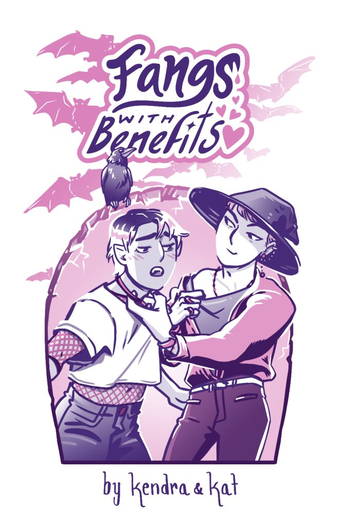 Cover for Fangs with Benefits featuring witchboy Rook holding on to vampire Dante's collar while taunting him with delicious neck. The text reads "Fangs with Benefits. By Kendra & Kat."