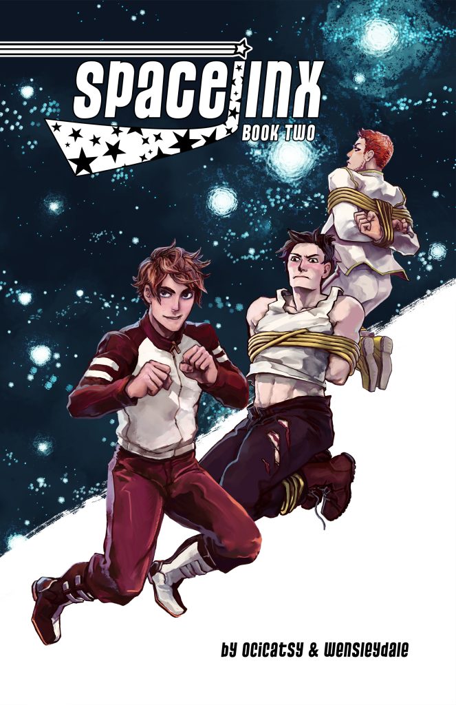 Spacejinx Book #2 cover featuring Florian, Benedict, and Edmund floating in space. Benedict and Edmund are tied up with ropes. The text reads "Spacejinx: Book Two. By Ocicatsy & Wensleydale."